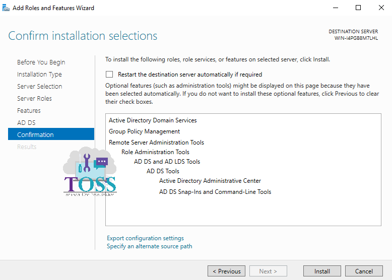 addsadministration confirm installtion selection adds