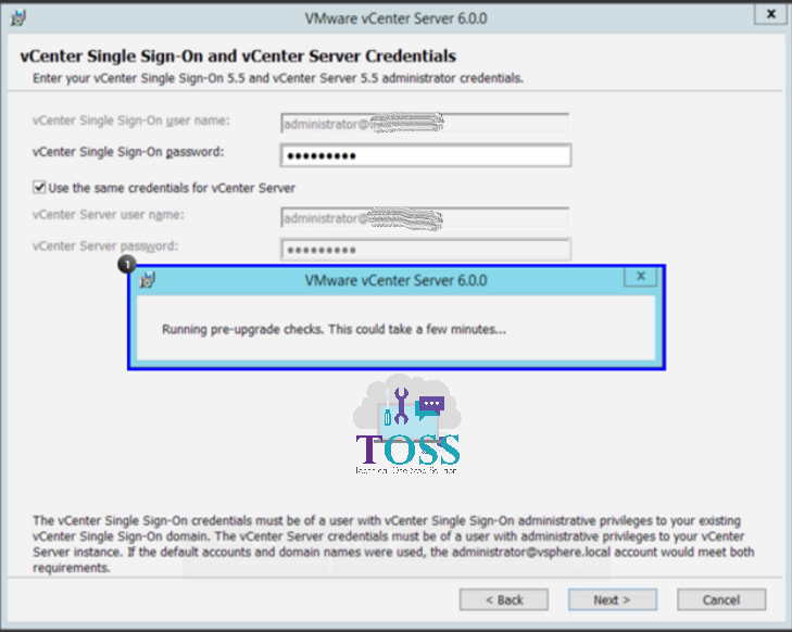 vmware v center upgrade server iso image install Credentials pop-up